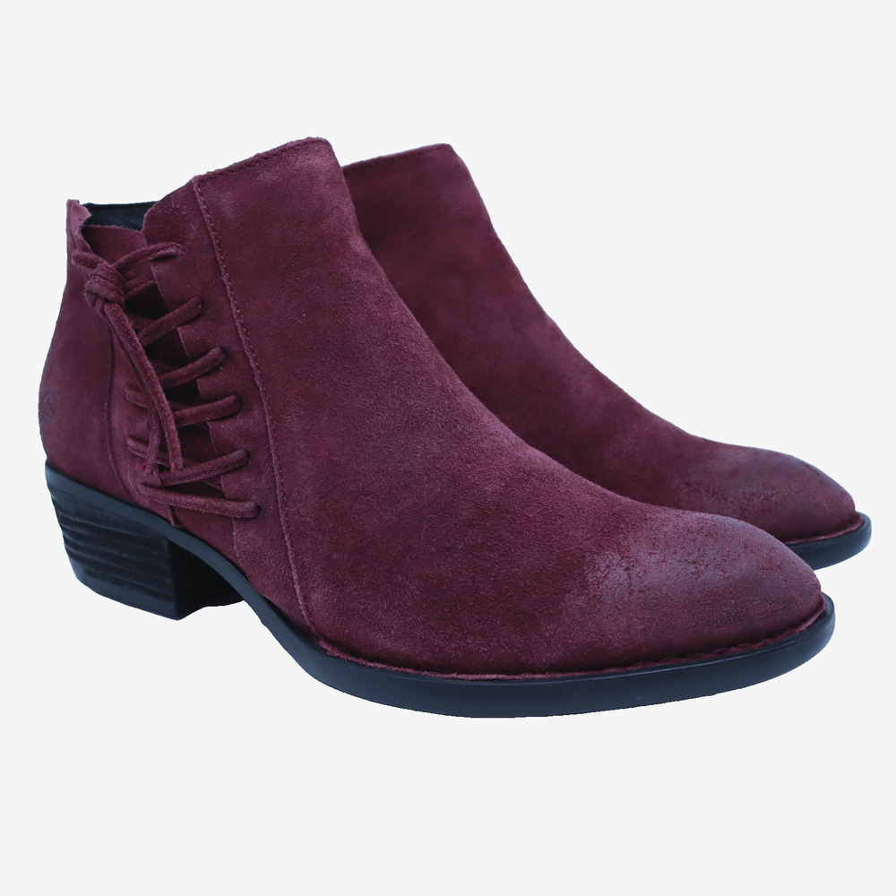 BORN Bessie Burgundy Suede Leather Ankle Boots Womens SIZE 9.5 M Side Zip